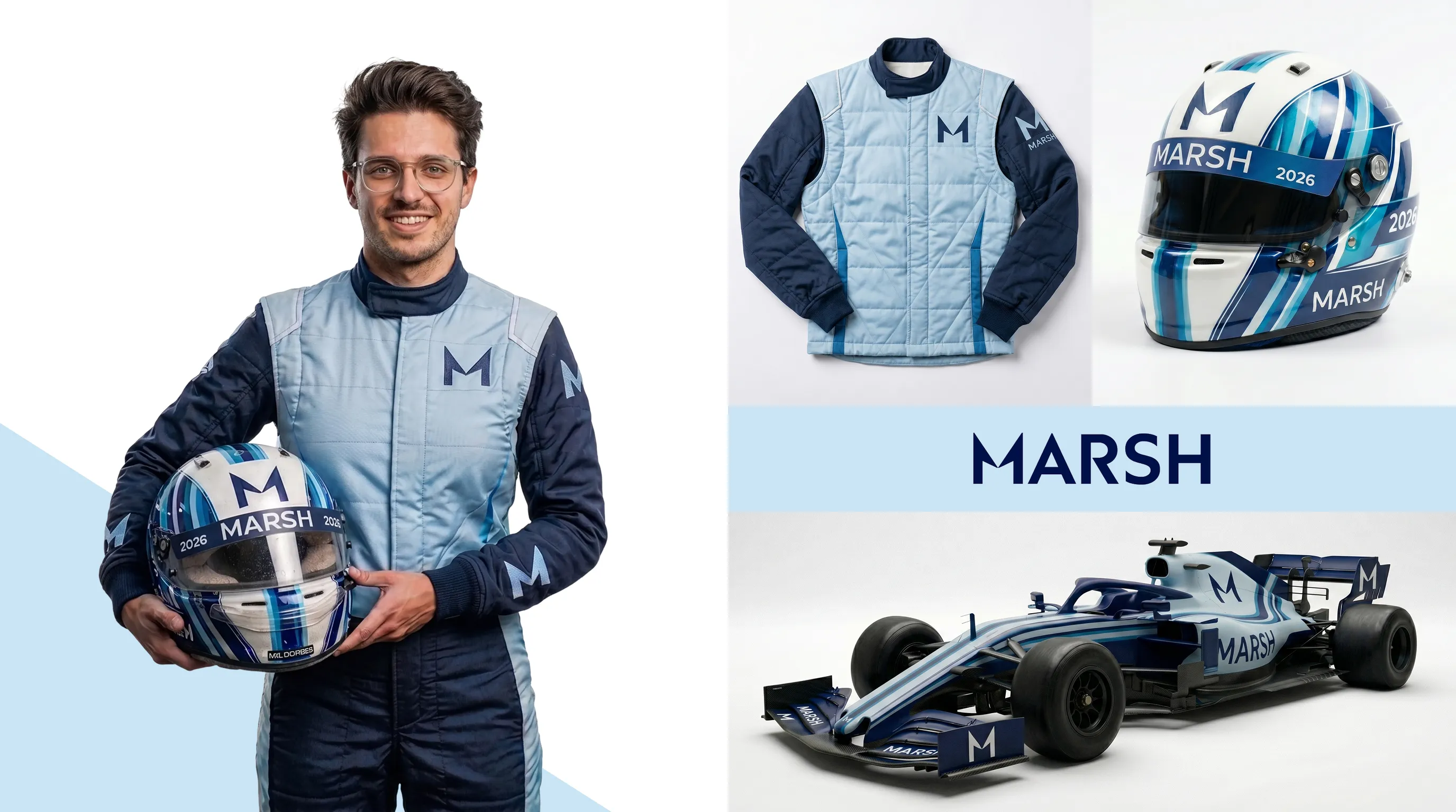 Custom Marsh AI Creative and Brand Overlays Marsh-branded AI portrait with custom F1-inspired graphics and branded overlay assets