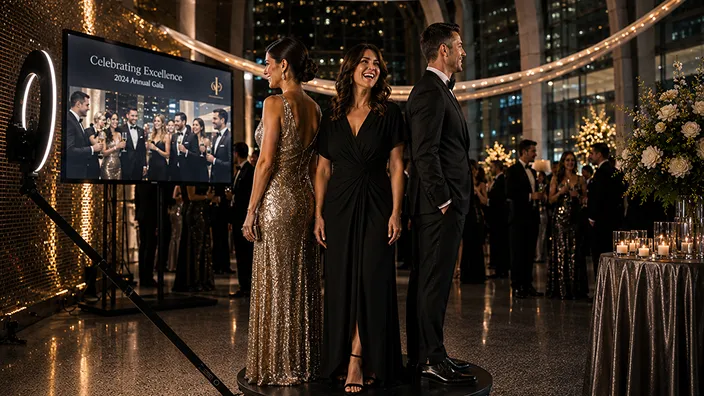 360 Booth at Formal Event Elegantly dressed guests posing in 360 video booth at upscale corporate gala with gold décor and city skyline backdrop