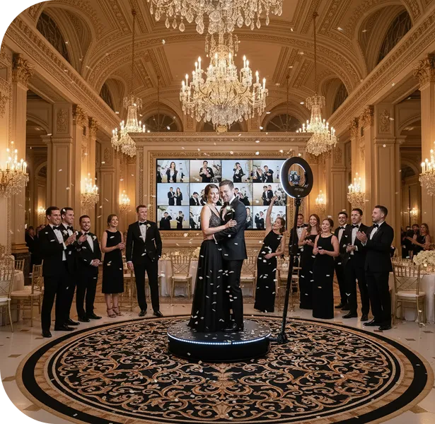 360 photo booth at a black-tie ballroom event Couple dancing in center of 360 video booth at black-tie ballroom wedding, surrounded by guests in formal attire beneath crystal chandeliers