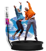 Two people jumping and celebrating inside OutSnapped's 360 video photo booth with blue and orange lighting effects