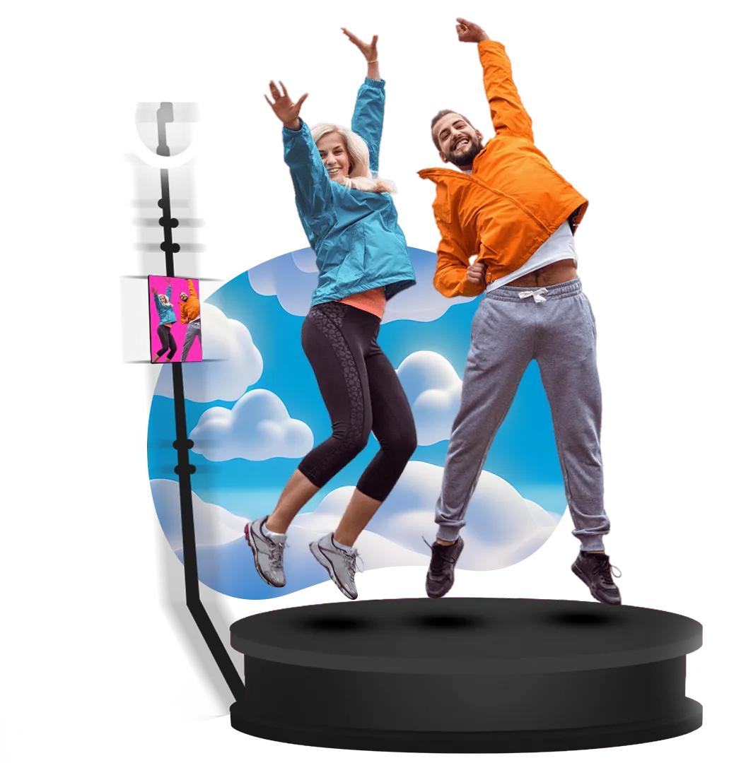 360 Video Booth Two people jumping on a 360 video booth platform with a rotating camera arm and cloud backdrop