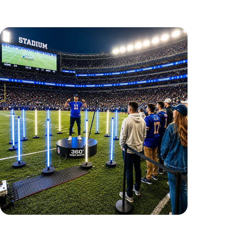 360 Video Booth at NFL Stadium Event 360 video booth at packed stadium with guests in blue jerseys experiencing slow-motion capture during sports event