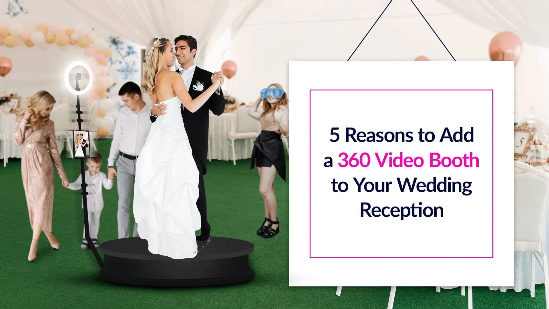 Bride and groom dancing on a circular platform surrounded by wedding guests in a white tent, with a 360 video booth capturing the moment