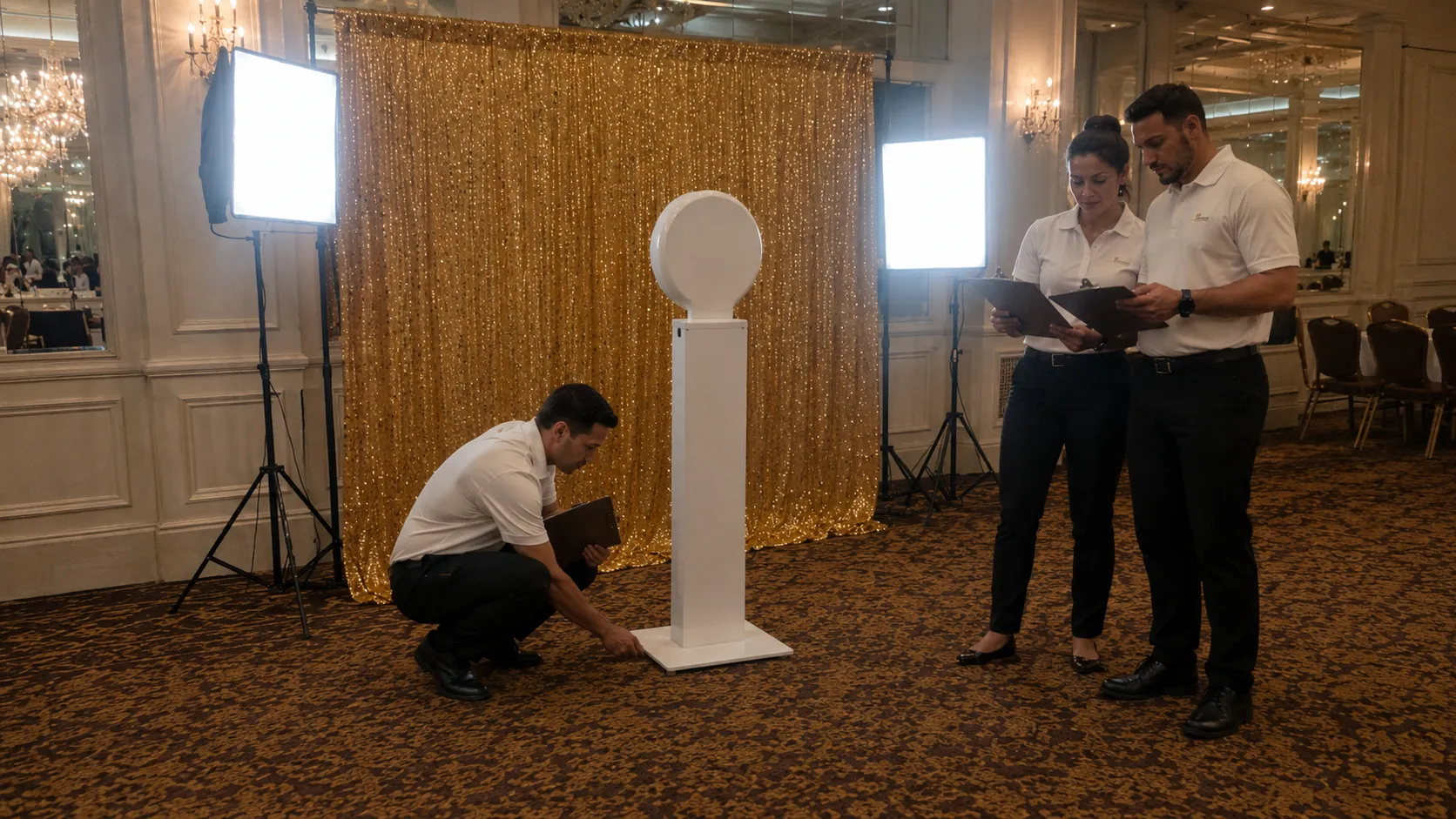 Future Foto Photo Booth Setup at a Private Event Venue OutSnapped event staff setting up a Future Foto photo booth inside a private hotel event venue