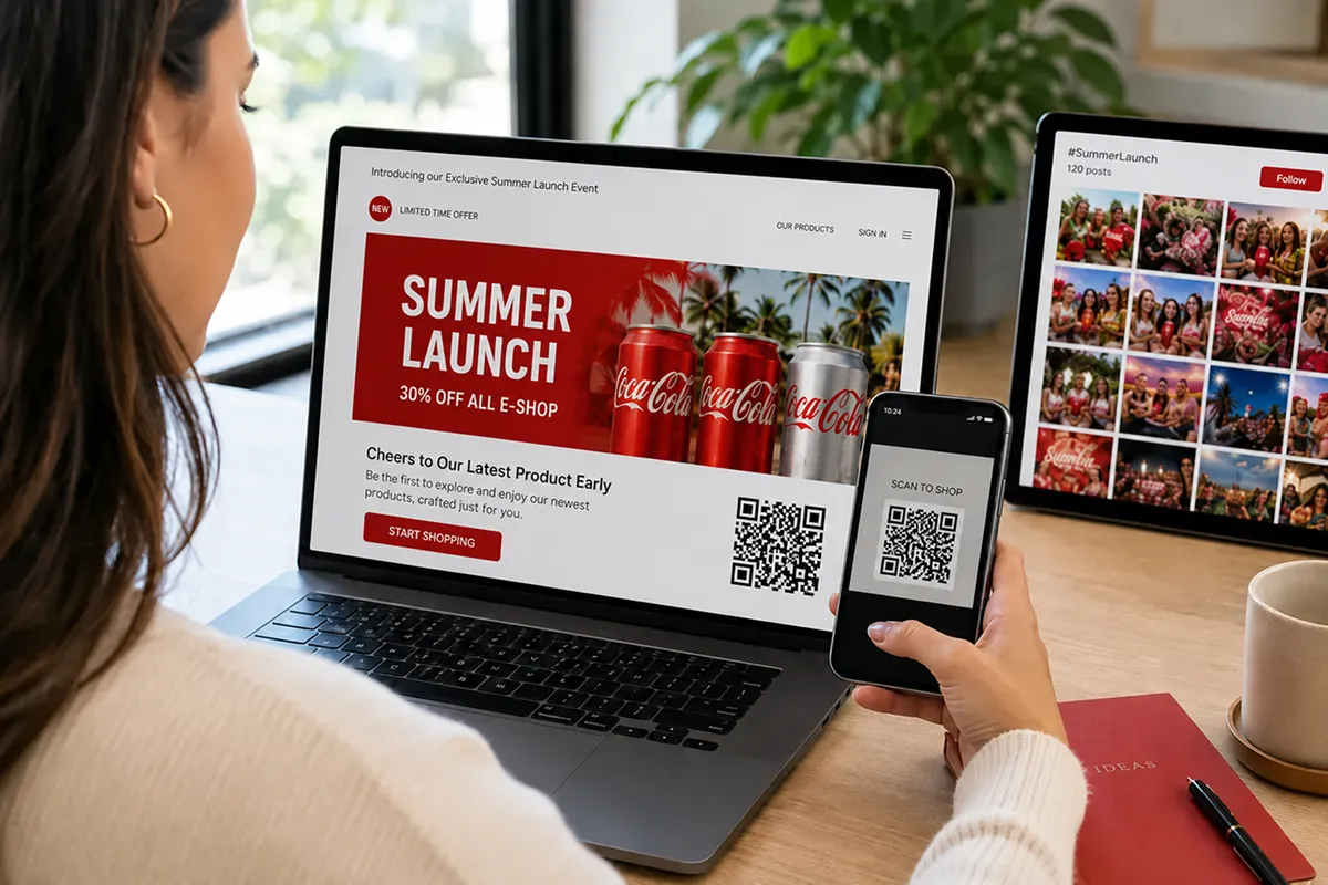 Campaign QR Integration — Coca-Cola Summer Launch Woman holding tablet displaying OutSnapped digital marketing campaign with QR code for photo booth access, laptop showing campaign gallery in background