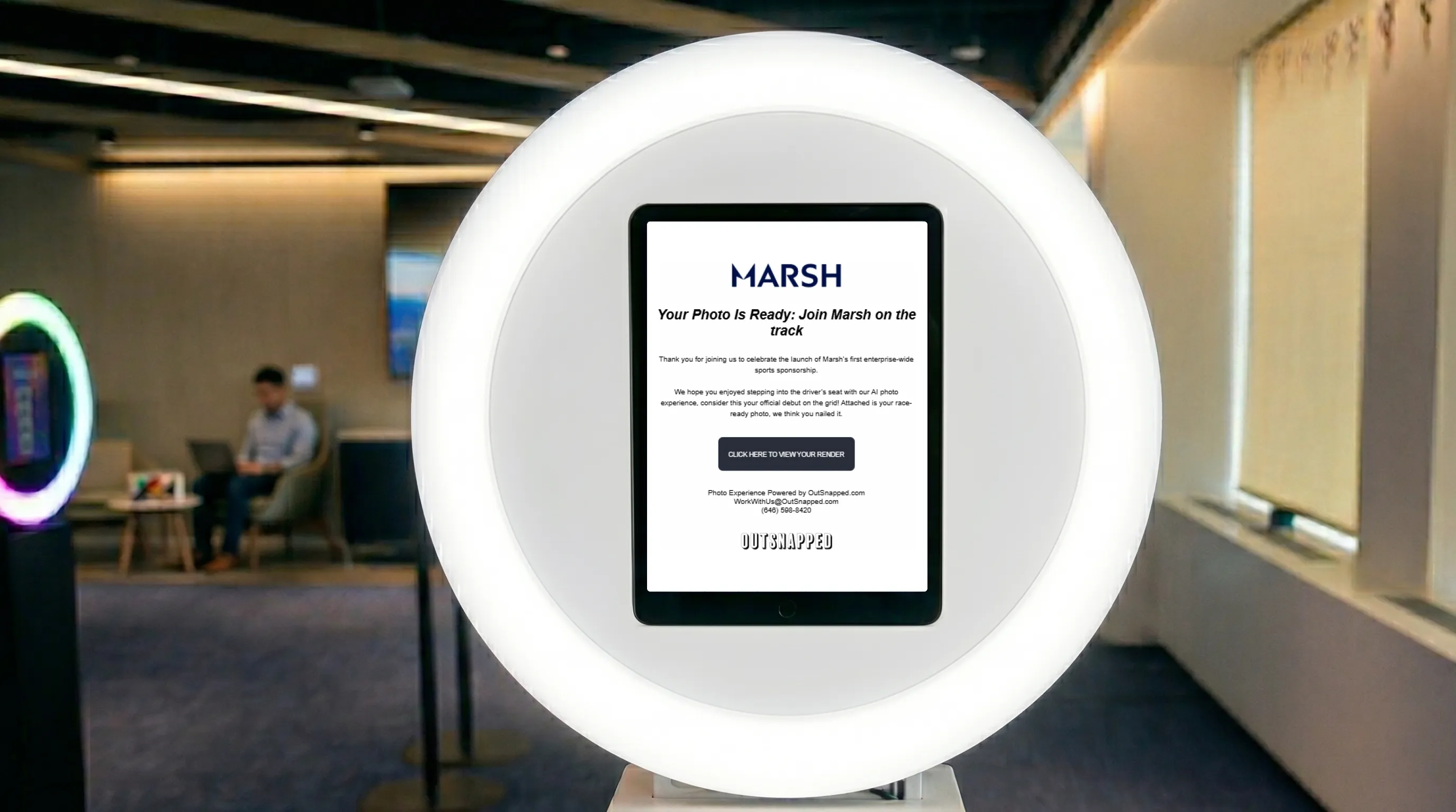 Marsh FutureFoto AI Photo Booth Experience Branded FutureFoto AI photo booth welcome screen at Marsh’s corporate event in New York