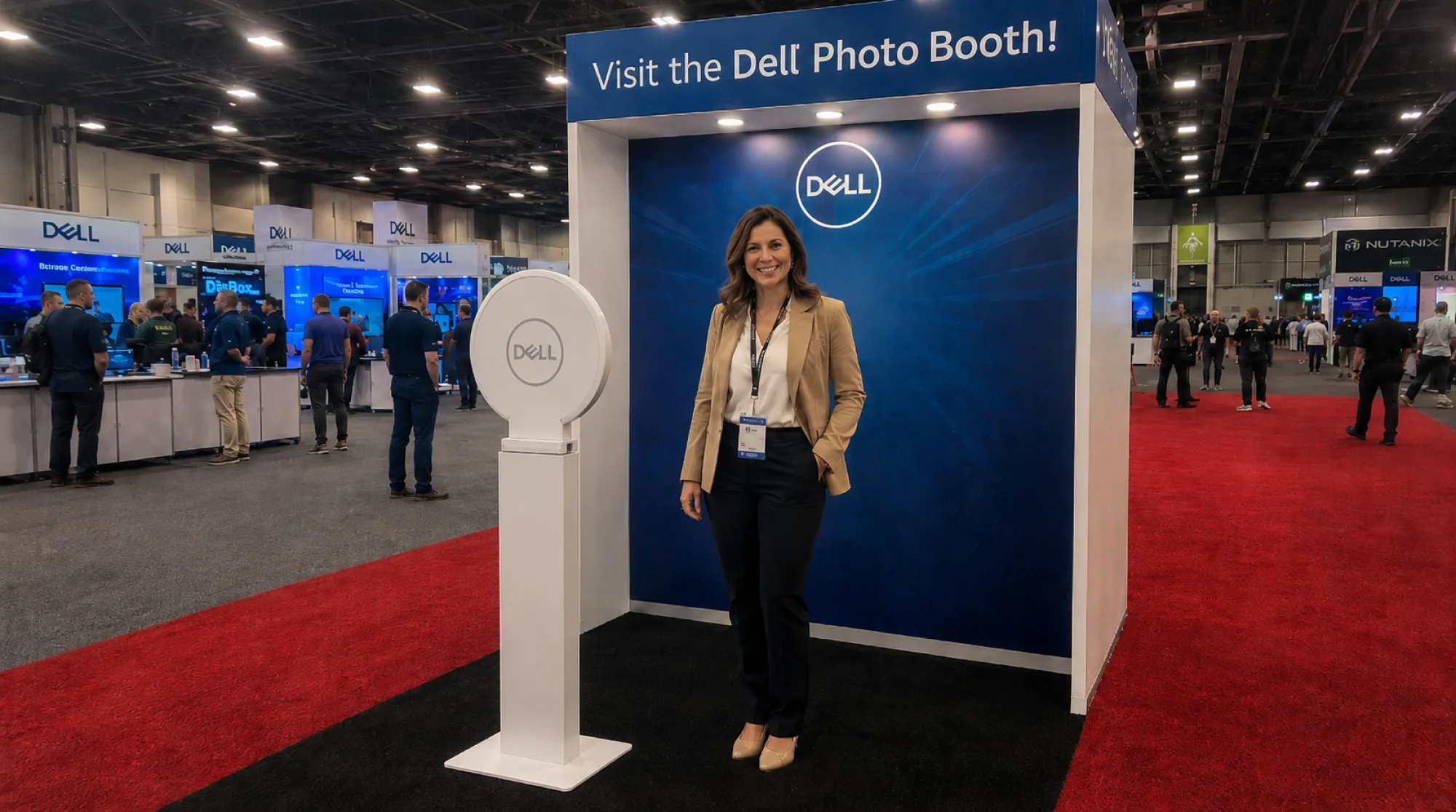Conference attendee using a fully branded Dell AI photo booth at Dell Technologies Forum
