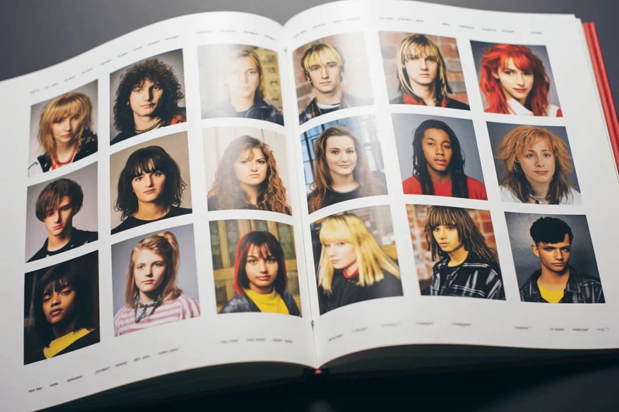 Open yearbook displaying grid of AI-generated 1990s-style headshots with varied hairstyles, colors, and fashion typical of the era