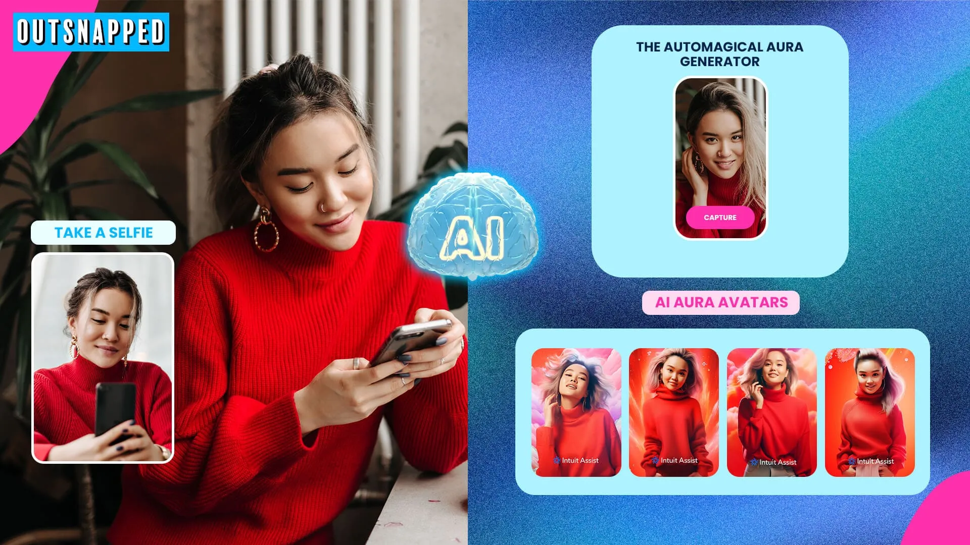AI Aura Generator Interface Automagical microsite interface showing AI Aura Generator feature with selfie capture and multiple generated avatar