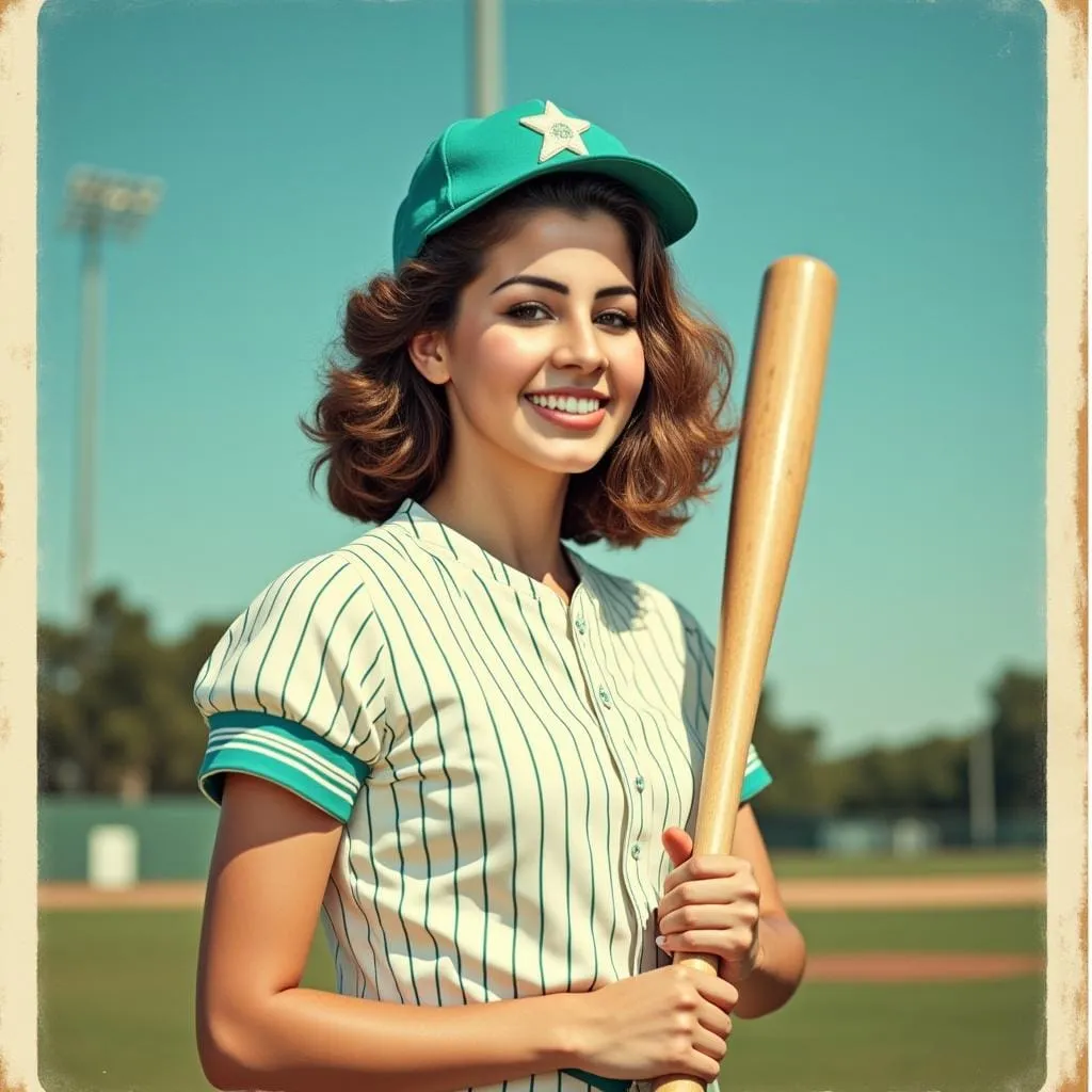 Vintage Baseball Portrait – AI Transformation Woman in vintage teal baseball uniform with matching cap and bat