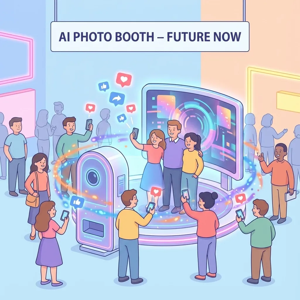Diverse group of people holding phones around interactive AI photo booth with vibrant display
