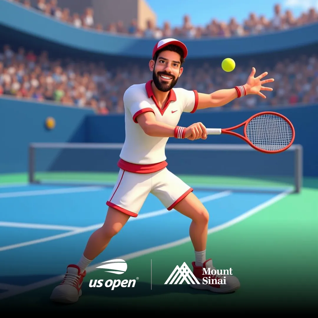 AI Championship Photo Tennis Portrait AI-generated 3D portrait of a fan as a tennis player mid-swing in a packed stadium with US Open and Mount Sinai logos