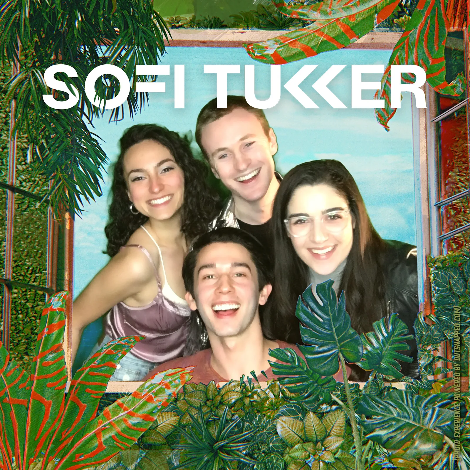 AI Concert Poster Photo Booth Four concert-goers styled like a Sofi Tukker tour poster in an AI photo booth with tropical foliage