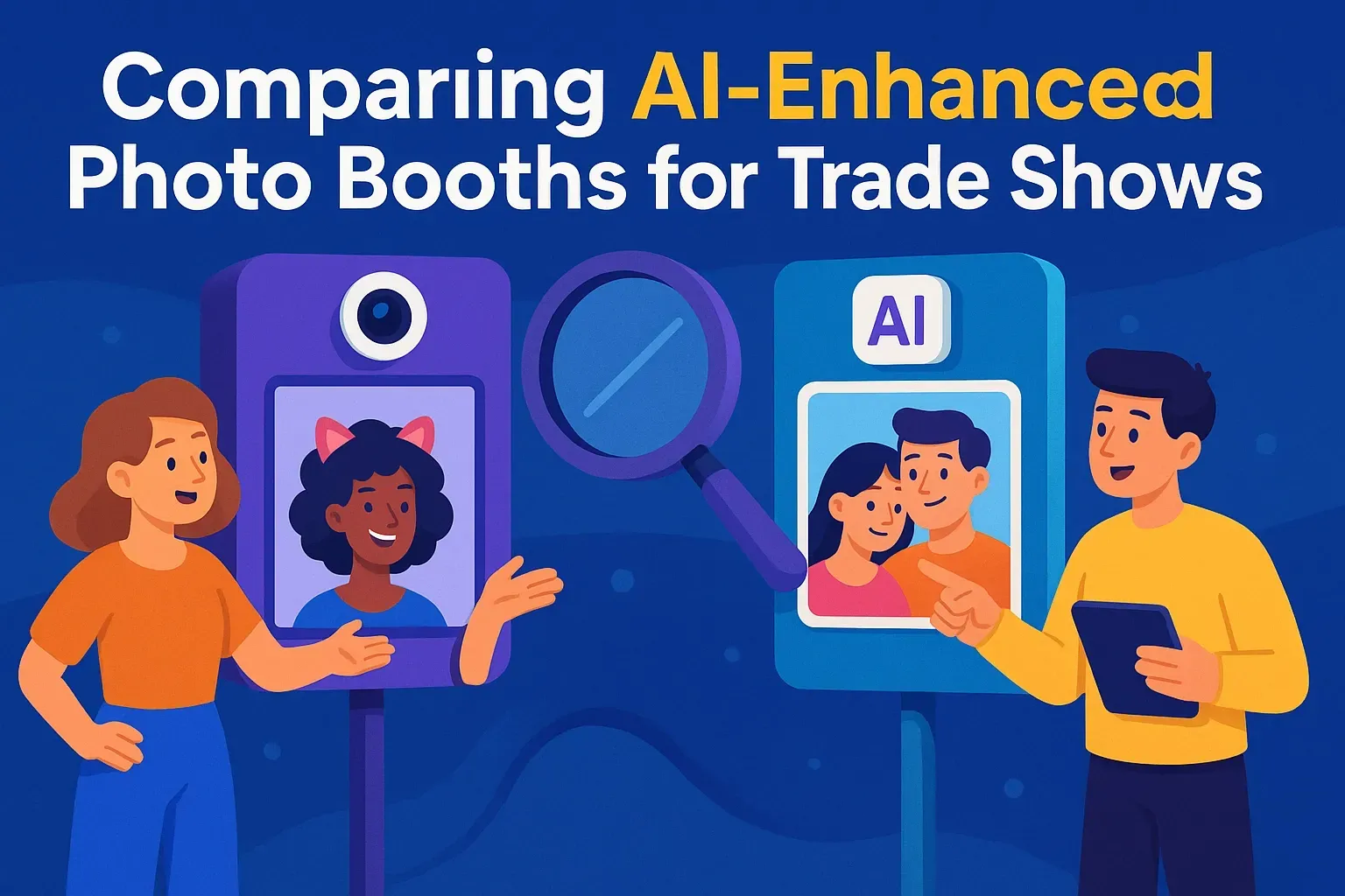 AI-Enhanced Photo Booth Comparison Illustration Illustrated comparison of traditional and AI-enhanced photo booths for trade shows, showing two attendees interacting with booth options