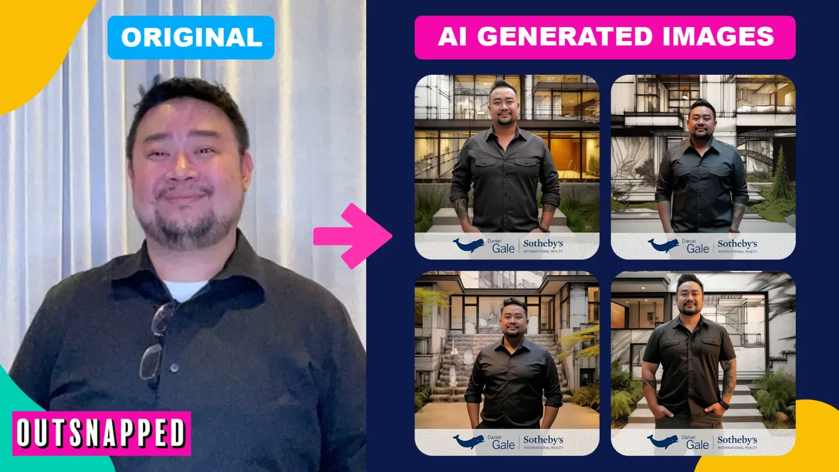 Branded AI-Generated Photos: Original vs Four Outputs Original photo of a guest beside four AI-generated portraits placed in modern homes with Daniel Gale Sotheby's International Realty branding