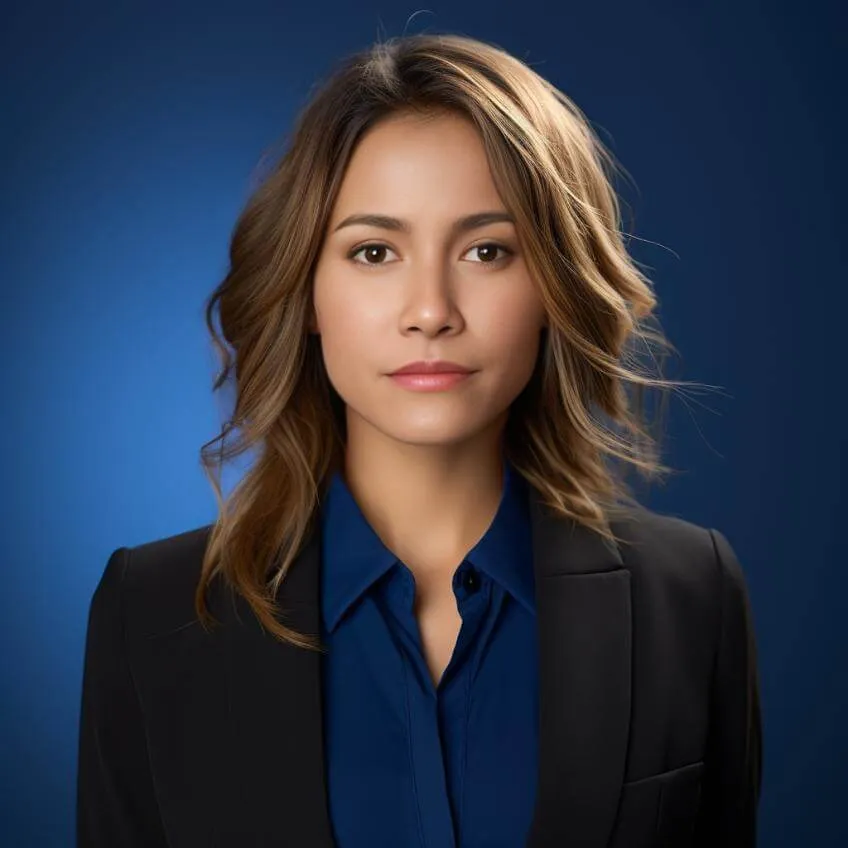 Professional AI-generated headshot of woman in business blazer against blue gradient