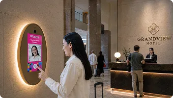 Luxury Hotel Photo Mirror Installation - Grandview Hotel Woman interacting with illuminated mirror photo booth display in luxury hotel lobby with Grandview Hotel branding visible