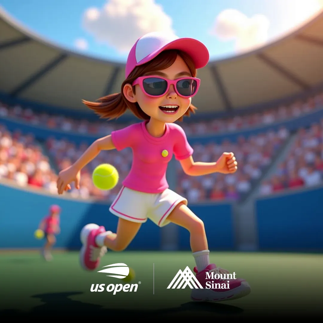 Animated character in pink tennis outfit and cap playing on a stadium court, used to demonstrate AI photo booth portrait transformation capabilities