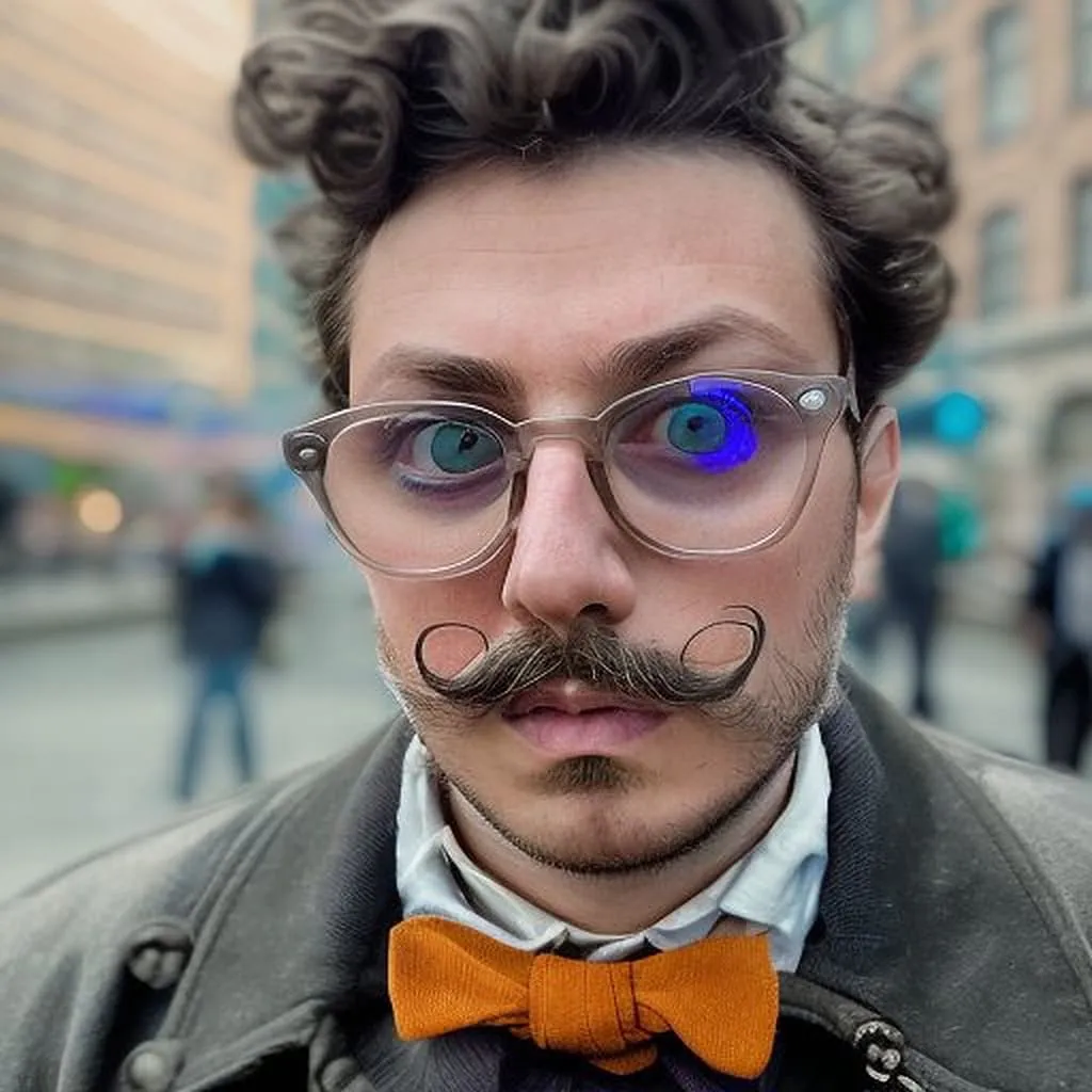 Polished AI Portrait with Urban Background Person wearing glasses with blue-tinted lenses and an orange bow tie, sporting a stylized curled mustache and upswept hair, standing in an urban plaza with blurred pedestrians in background