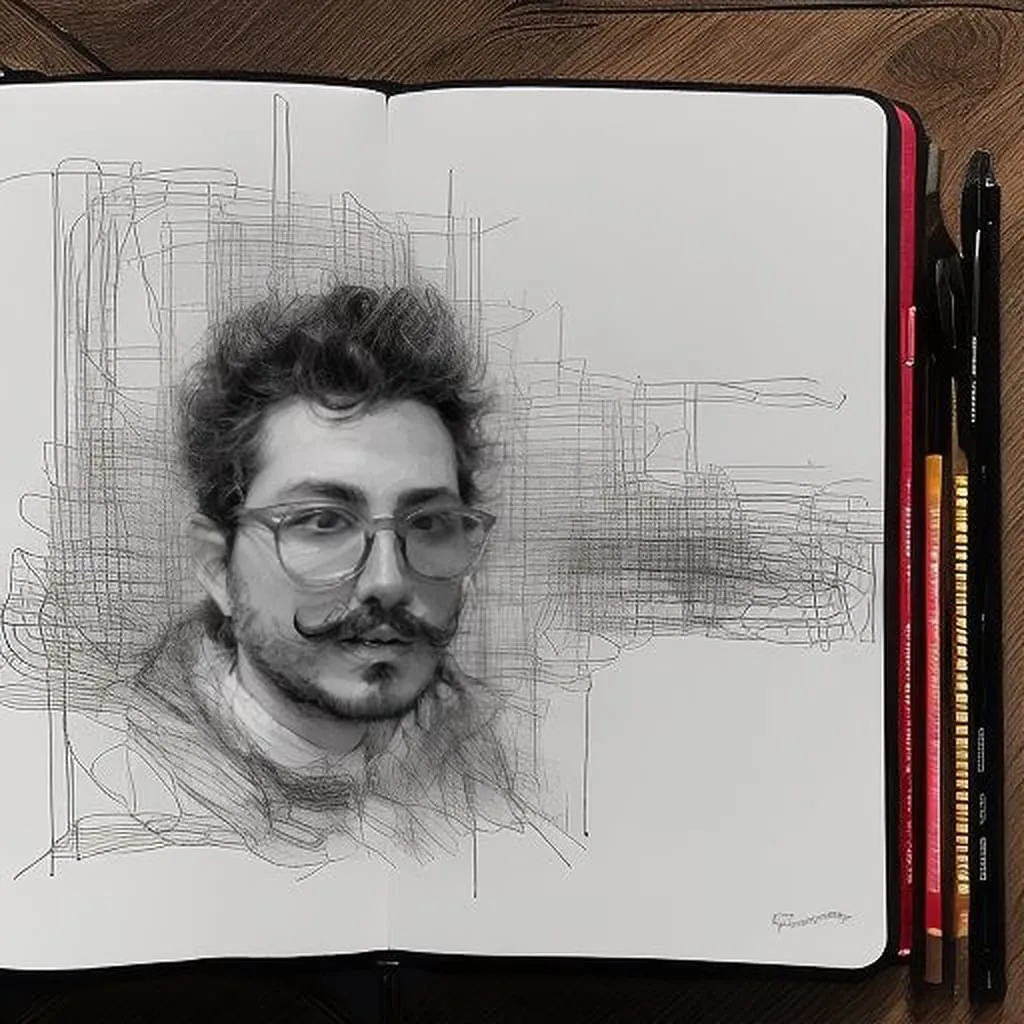 Pencil Sketch Notebook Art Detailed pencil sketch portrait of a man wearing glasses with a mustache, layered with geometric line work, in an open sketchbook next to colored pencils