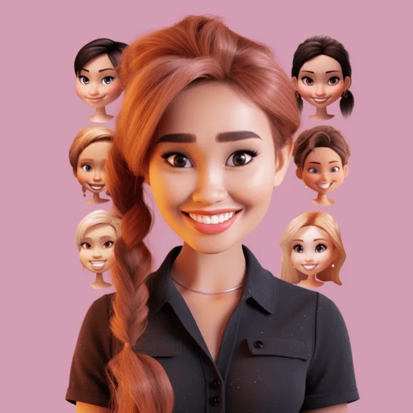 3D animated woman with orange braided hair in black shirt surrounded by diverse avatar heads on pink background