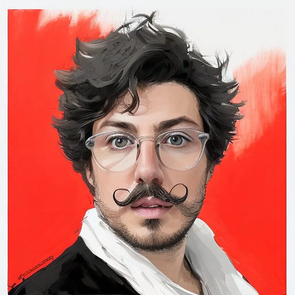 AI Portrait with Streaked Color Background AI-generated portrait of man with black wavy hair, clear-framed glasses, and styled mustache against bright red background