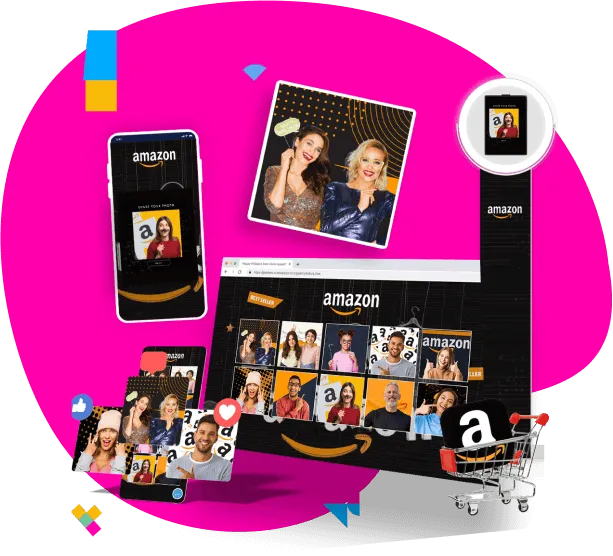 Photo Booth Customization Across Devices AI photo booth customization options showing Amazon-branded displays across multiple devices: smartphone, tablet, laptop, and shopping cart, with event photos displayed on each screen against a bright magenta background.