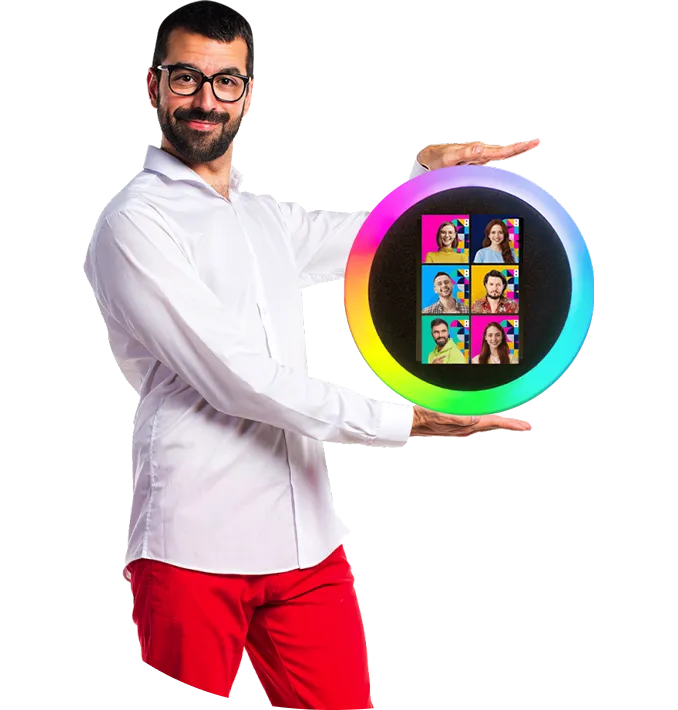 Man in white shirt and red pants presenting a circular photo booth display with colorful gradient border showing six guest photos
