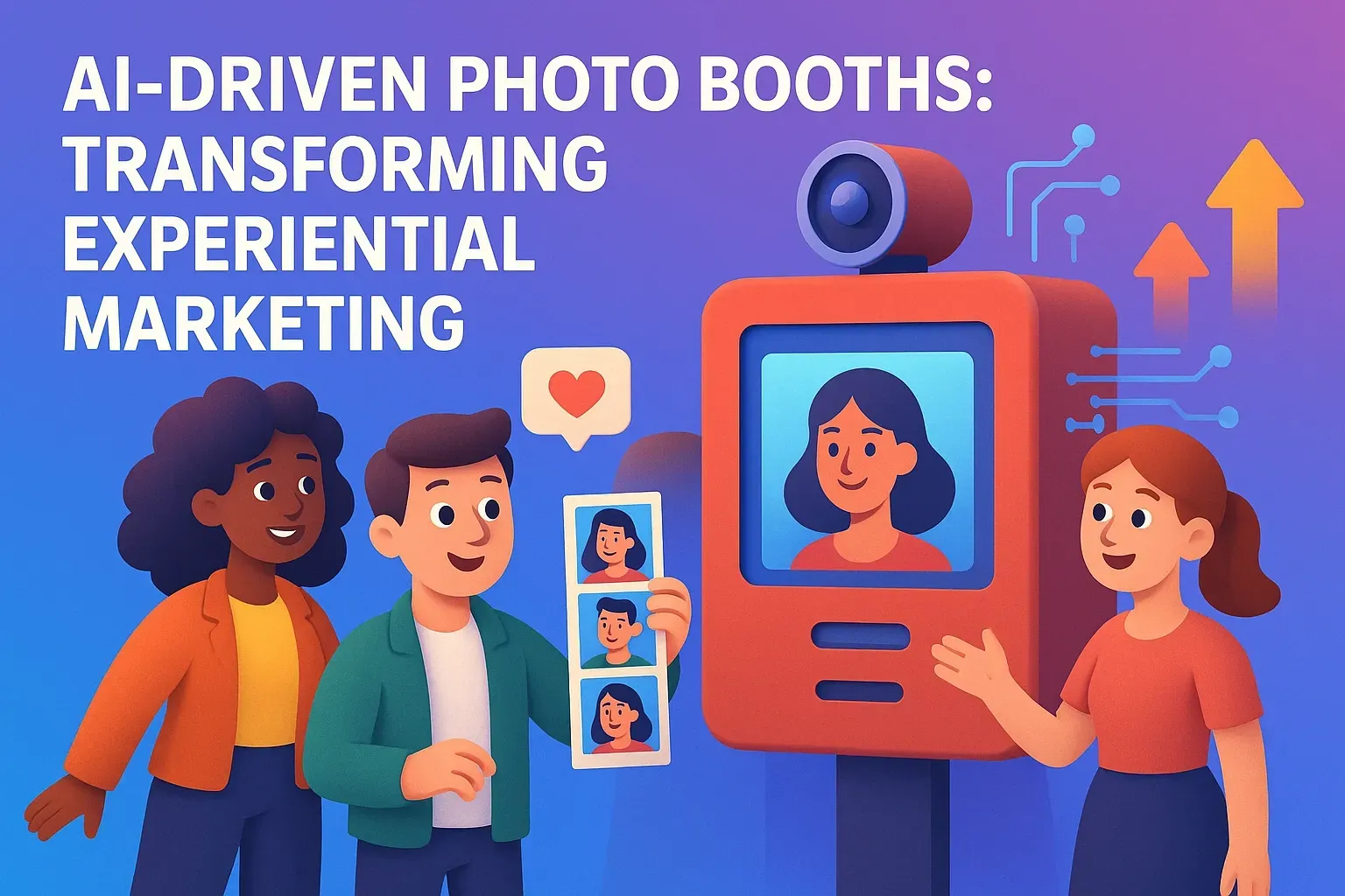 Illustration of three diverse people interacting with a red AI photo booth displaying a woman's face on screen, with heart icons and upward arrows on a purple gradient background