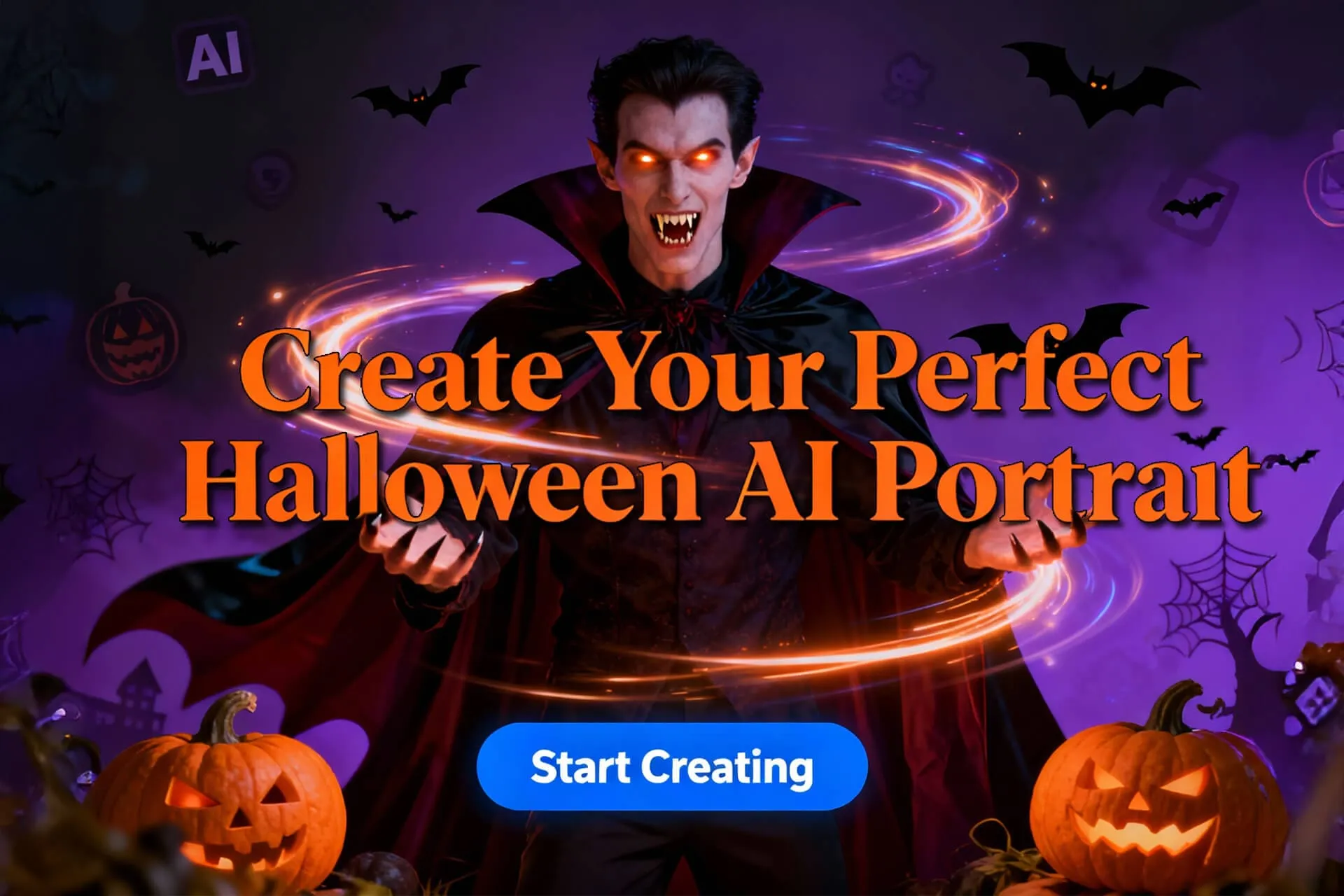 Vampire with glowing magical effects and jack-o'-lanterns on purple Halloween background with 'Create Your Perfect Halloween AI Portrait' text and 'Start Creating' button