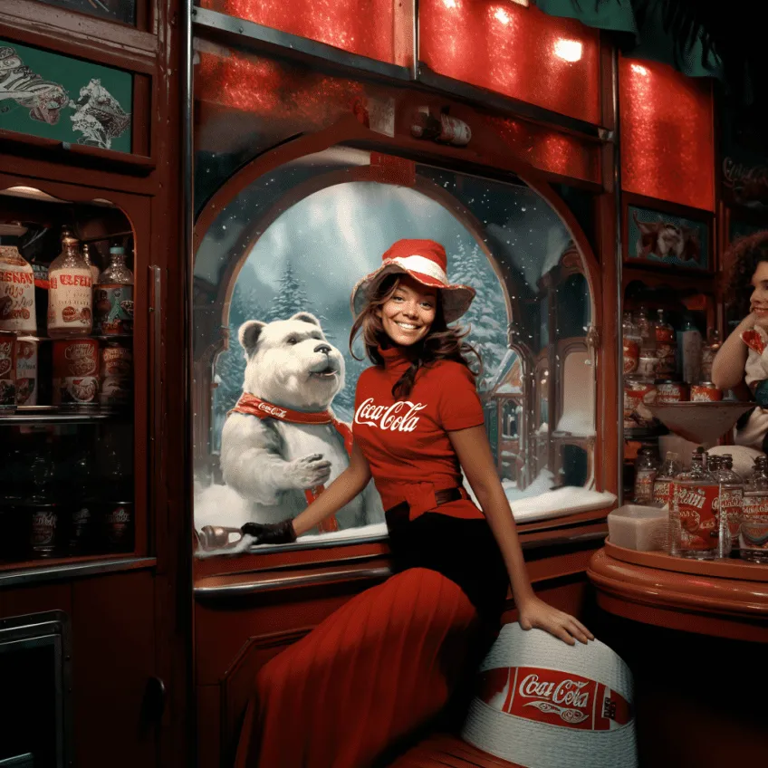 Woman in red Coca-Cola shirt and Santa hat poses with animated polar bear in vintage diner setting, ideal for branded holiday photo booth experiences