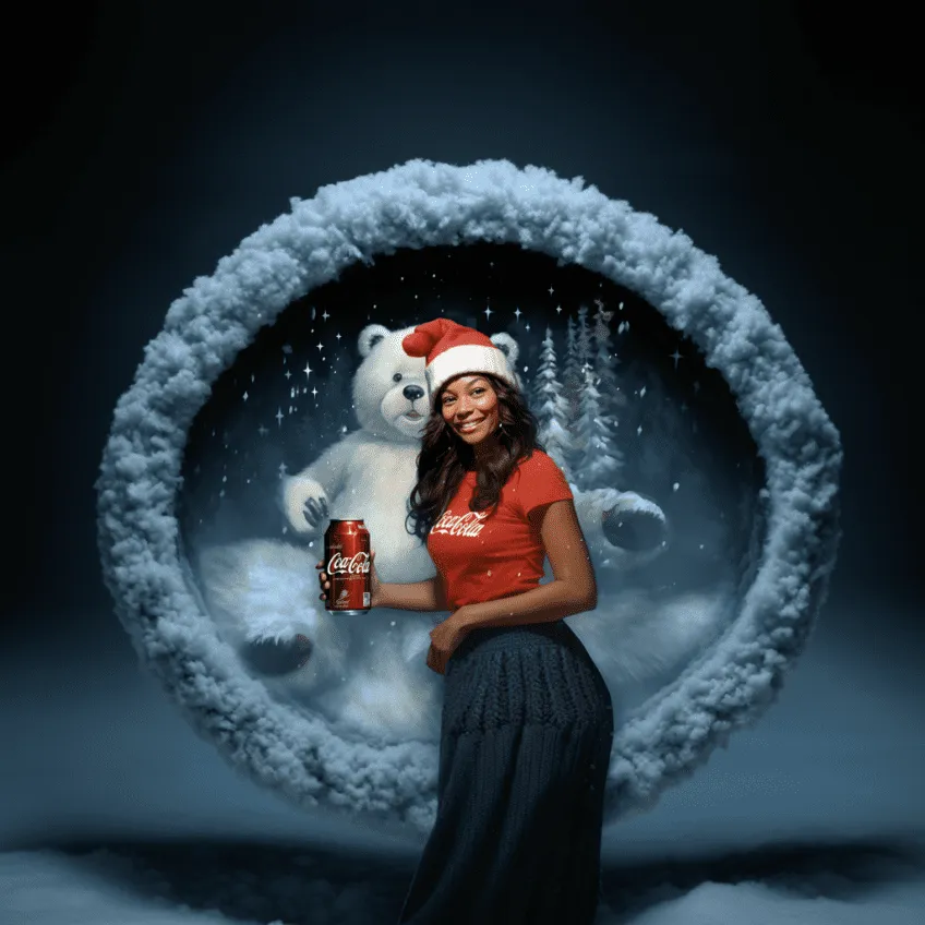 Woman in red Coca-Cola shirt and Santa hat smiling beside animated polar bear, holding Coca-Cola can in front of snowy cloud frame backdrop