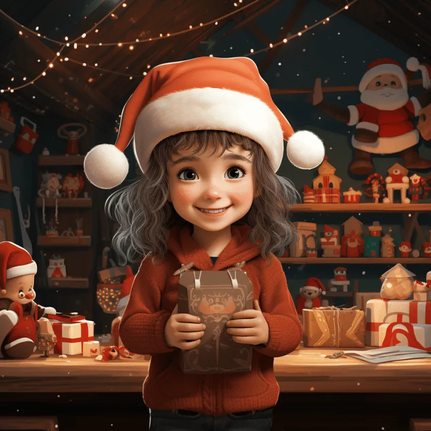 Animated girl wearing Santa hat and red outfit holding a gift box in festive workshop with twinkling lights and holiday decorations
