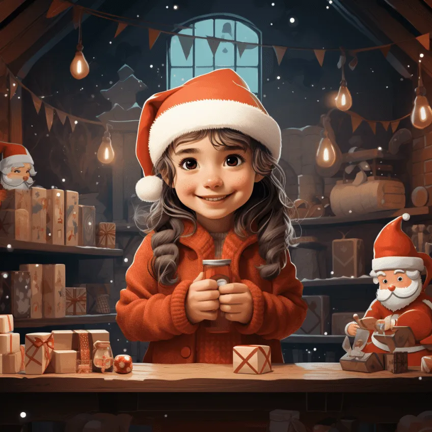 Animated girl in Santa hat and red coat wrapping presents in a festive workshop, surrounded by holiday decorations and gifts