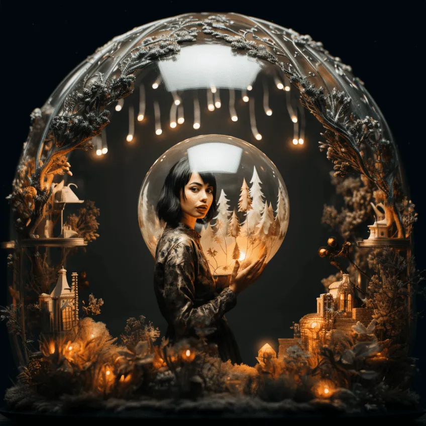Woman with dark hair in ornate glowing snow globe surrounded by winter village miniatures, hanging lights, and magical forest scene—showcasing AI-generated holiday photo booth aesthetic