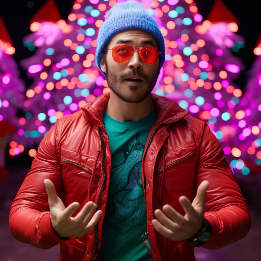 Man in red jacket and blue beanie wearing red-tinted sunglasses poses with hands outstretched against vibrant pink and purple bokeh lights, suggesting an AI photo booth holiday party effect.