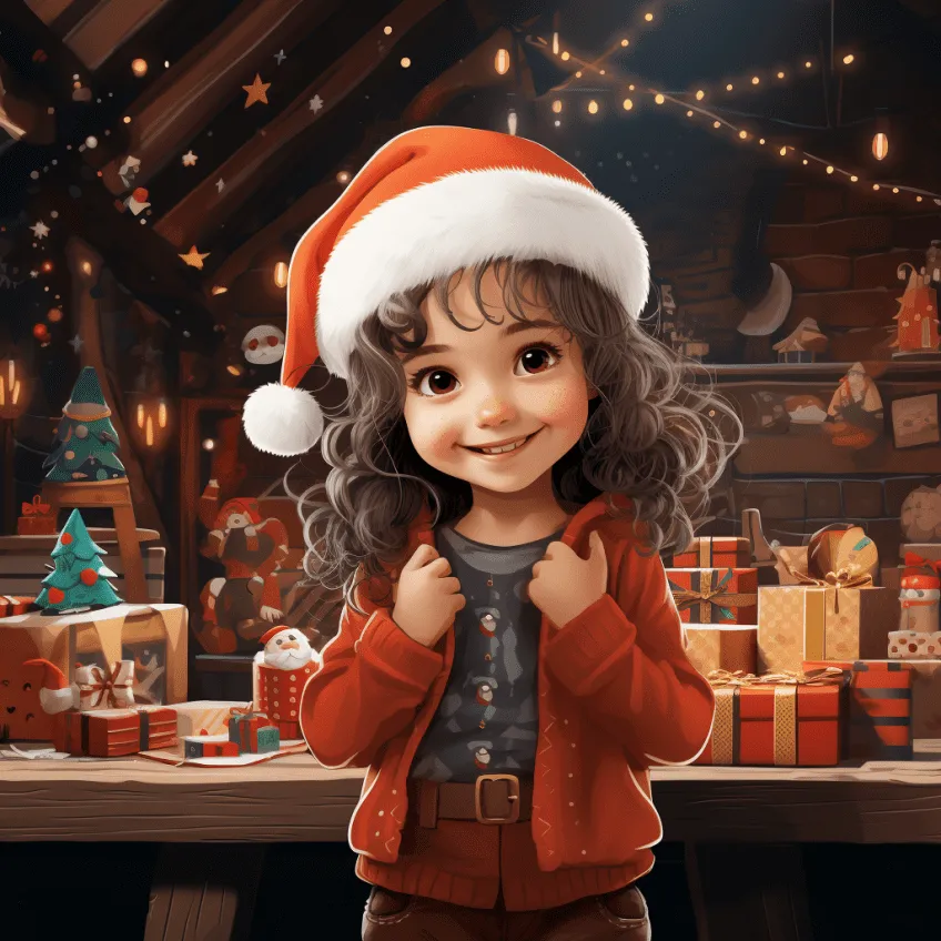 Animated child character wearing Santa hat and red coat, smiling at holiday-themed AI photo booth backdrop with wrapped gifts and twinkling lights