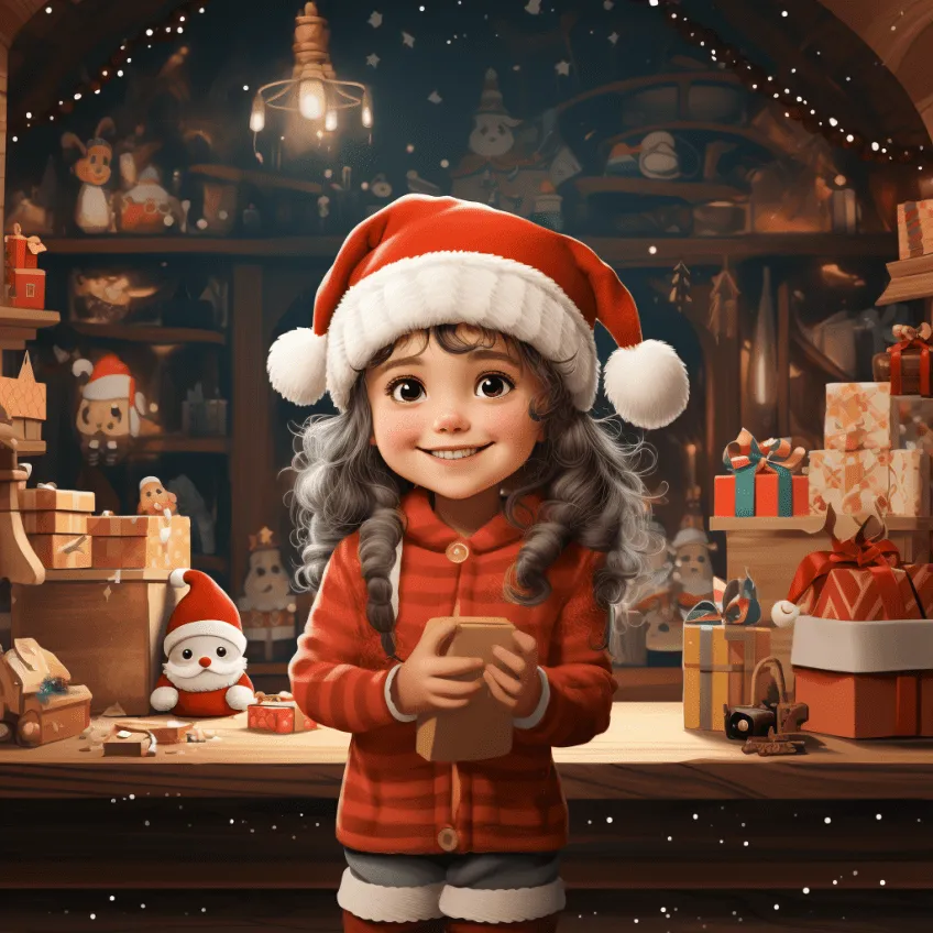 Animated child character wearing Santa hat and red jacket, holding gift, surrounded by wrapped presents and holiday decorations in workshop setting