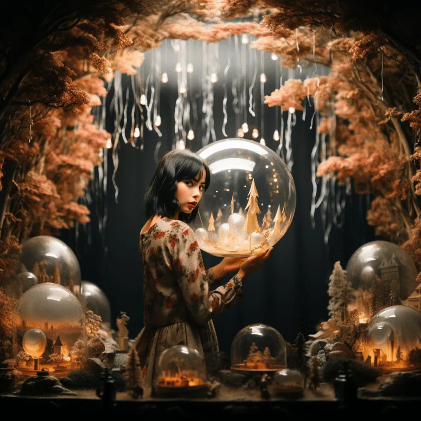 Child holding an illuminated snow globe containing a miniature winter village, surrounded by floating orbs and dried foliage in a magical forest setting for holiday events