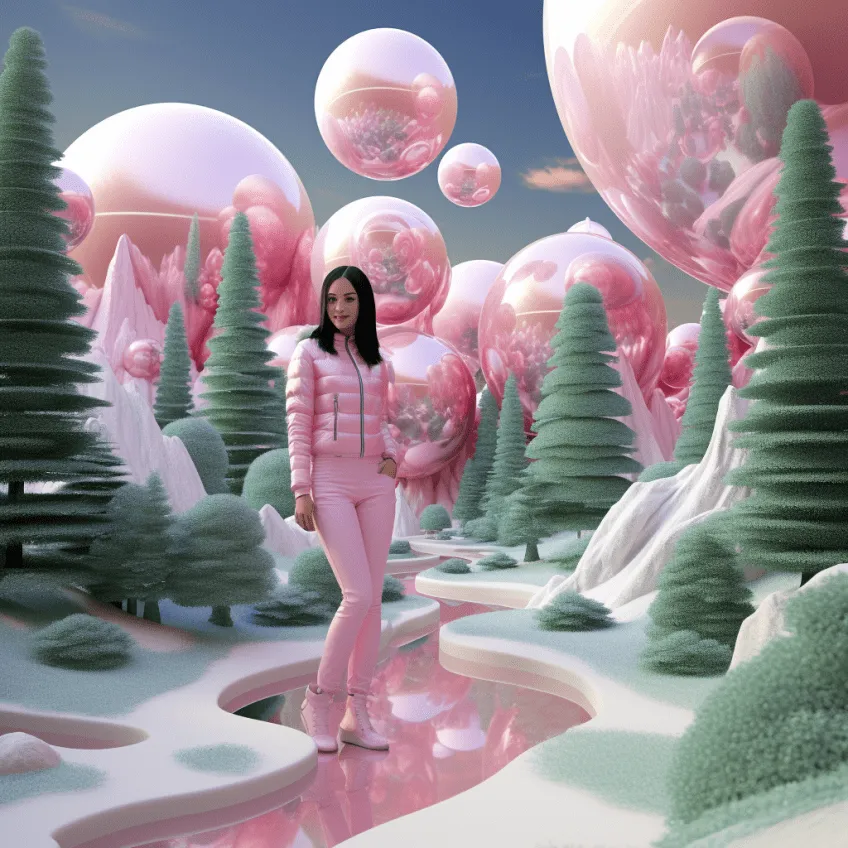 Woman in pink outfit standing in surreal vaporwave landscape with oversized iridescent bubbles and mint green geometric trees