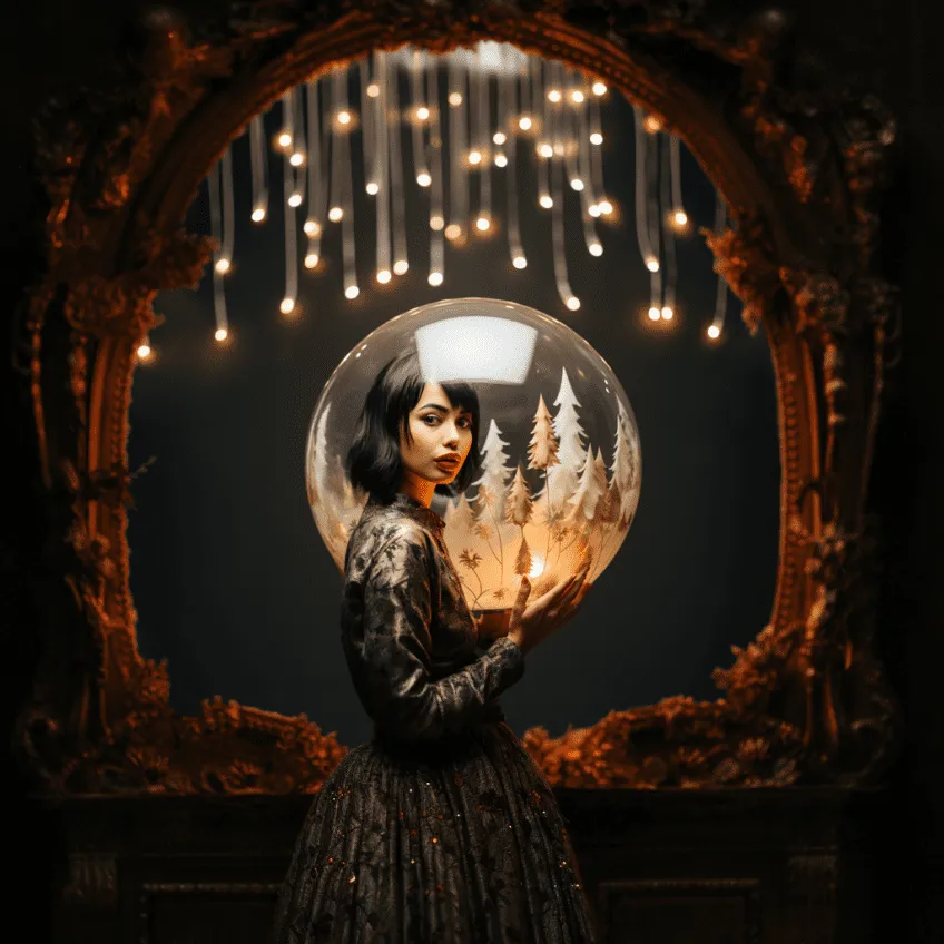 Woman in black dress holding glowing orb with winter forest scene inside, framed by ornate arch with hanging lights