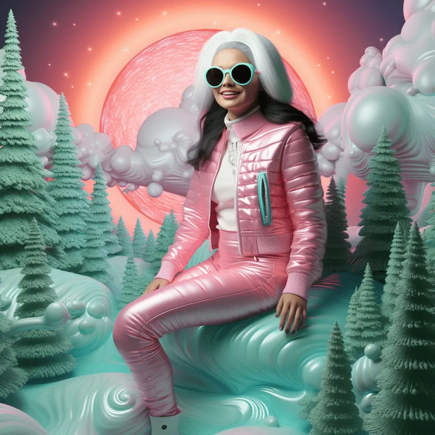 Person in pink puffer jacket and sunglasses poses in surreal winter landscape with glowing pink sun, fluffy clouds, and frosted evergreen trees, representing AI-enhanced holiday photo booth experience.