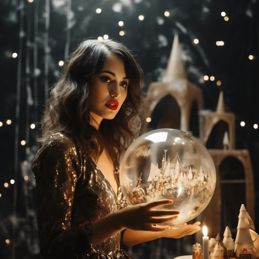 Woman in gold sequin dress holding illuminated snow globe with winter castle scene, surrounded by twinkling lights and holiday decorations