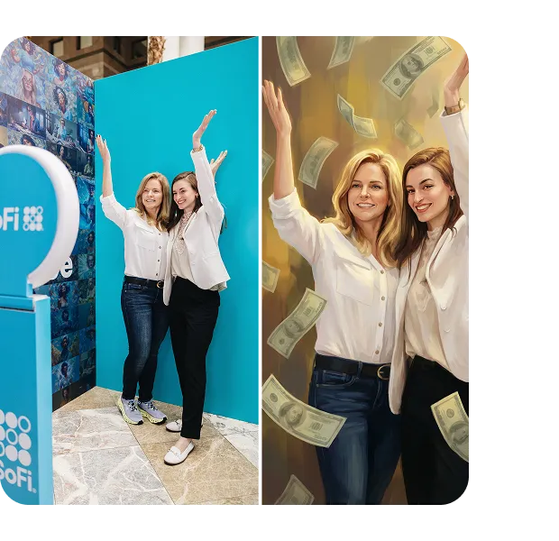 AR-Enhanced Photo Booth Before and After Effect Two women in white shirts posing with arms raised in front of a turquoise photo booth backdrop (left) and a digital money-effect version of the same pose with falling dollar bills (right)