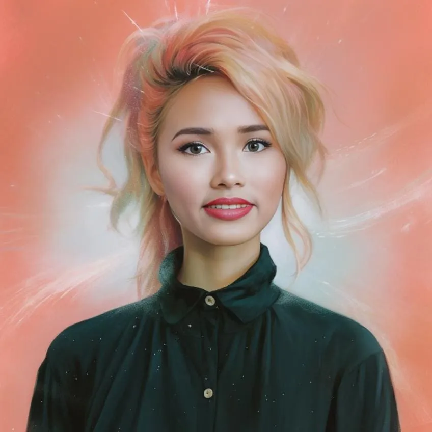 AI Photo Booth Portrait Sample AI-generated portrait of woman with blonde wavy hair and red lipstick against coral gradient background with light effects