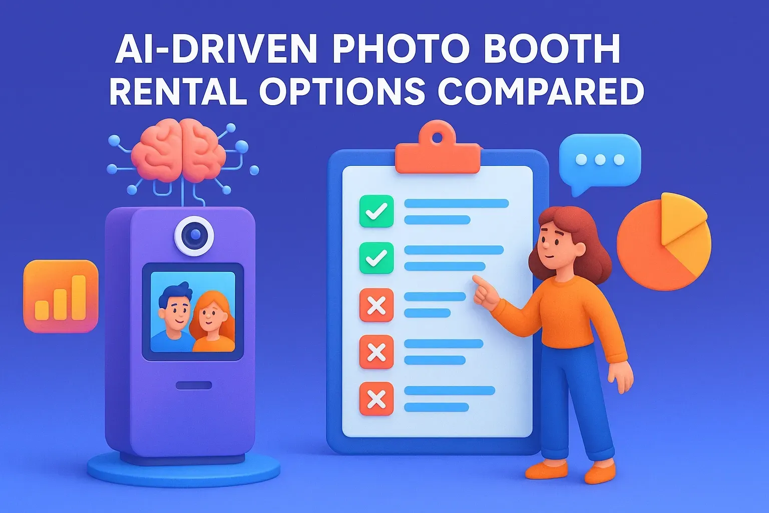 AI-Driven Photo Booth Rental Comparison Illustration comparing AI-driven photo booth rental options: AI brain icon on purple booth with couple photo, checklist with checkmarks and X marks, analytics charts, and chat bubble on blue background
