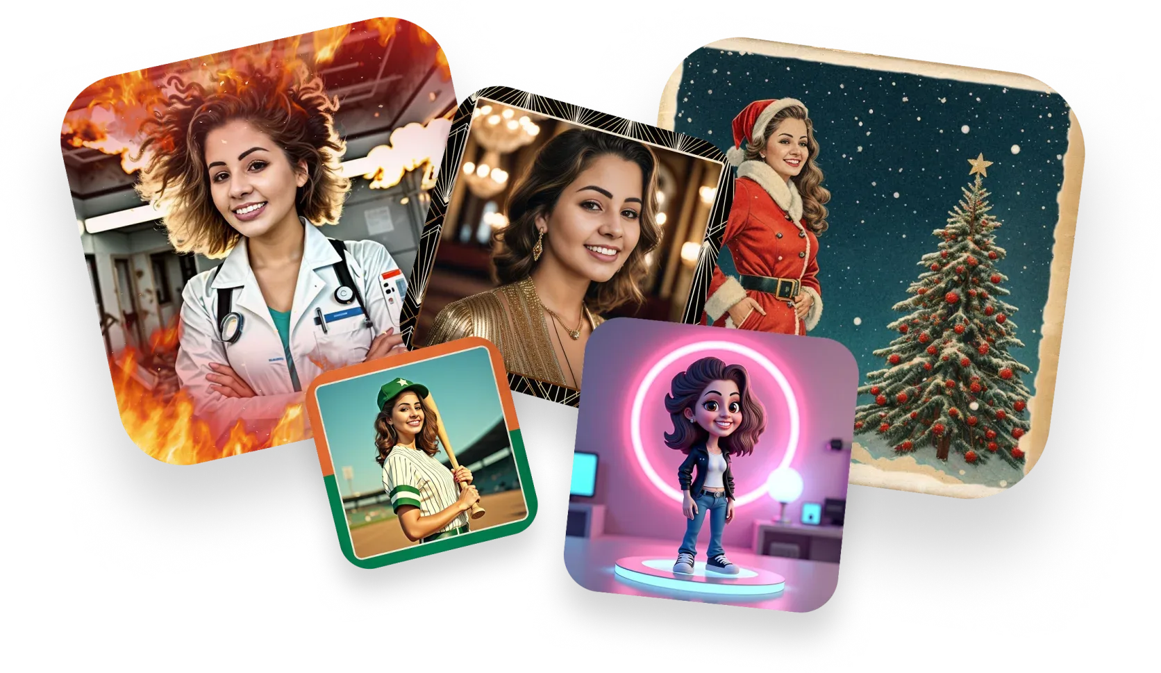 AI Photo Booth Styles: One Guest, Five Transformations Collage of AI photo booth outputs showing the same guest as a doctor, a baseball player, a glamour portrait, a 3D character and a vintage holiday card