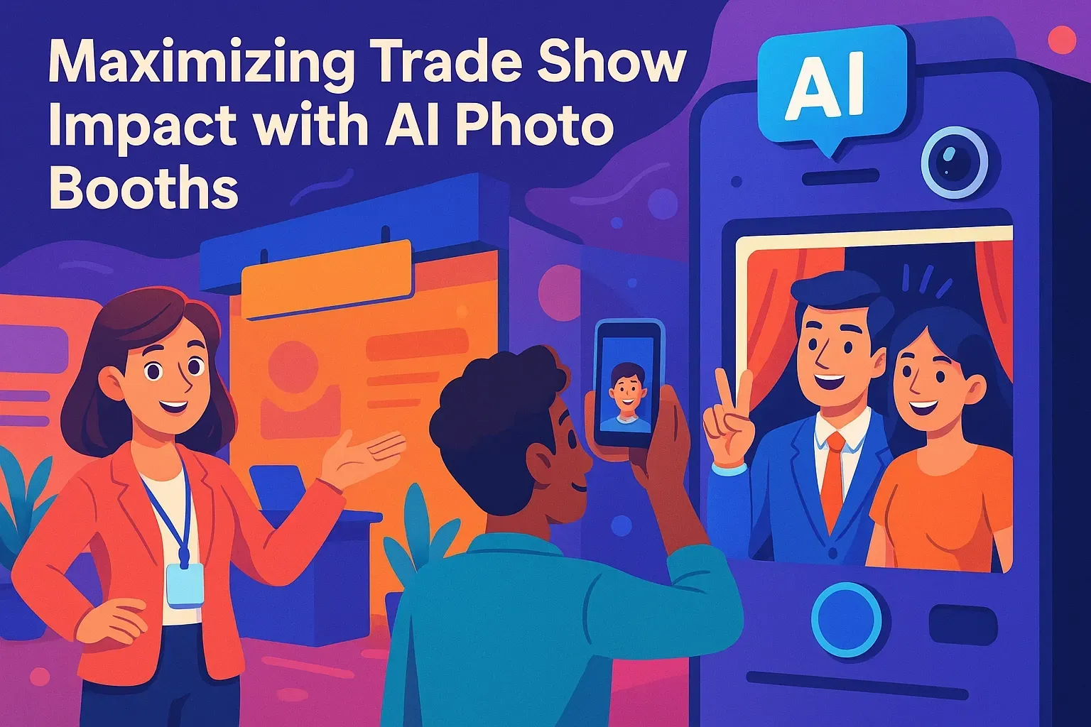 AI Photo Booth Trade Show Experience Illustration Illustration of trade show attendees using an AI photo booth, with a woman in red jacket presenting and others taking photos at a blue booth branded with an AI icon