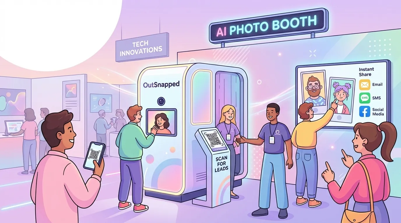 AI Photo Booth Trade Show Lead Generation Illustration of an OutSnapped AI photo booth at a trade show, with attendees scanning a QR code for lead capture and sharing photos via email, SMS, and social media.