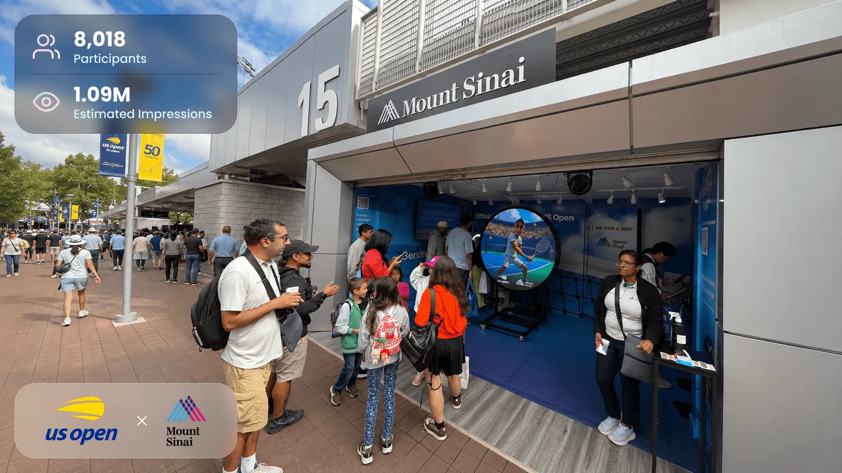 AI Photo Booth Installation at Sports Event Venue AI photo booth at US Open tennis tournament with crowds of attendees exploring interactive display at Mount Sinai branded activation.